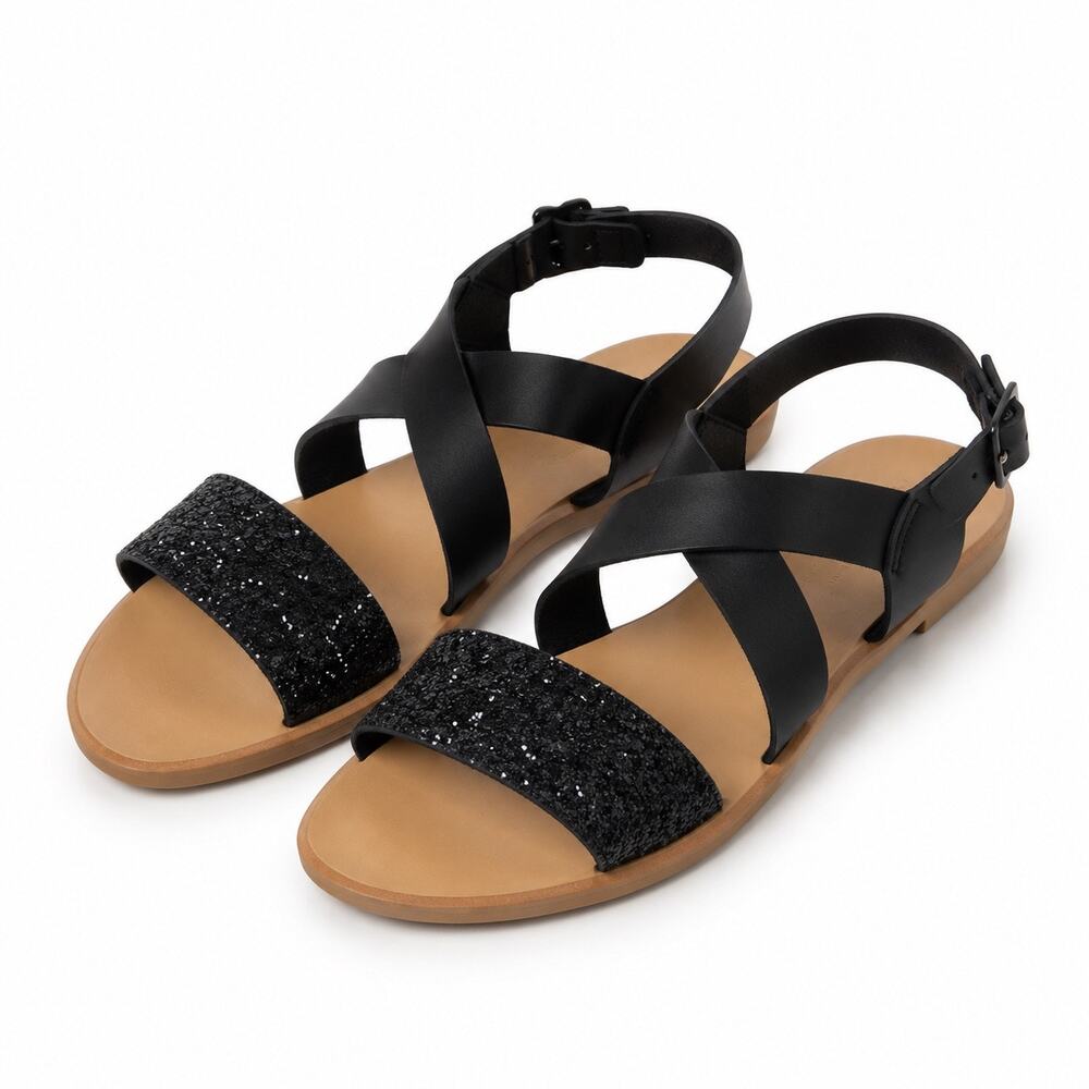 RENVY Black Glitter Leather Strappy Flat Sandals Shoes
